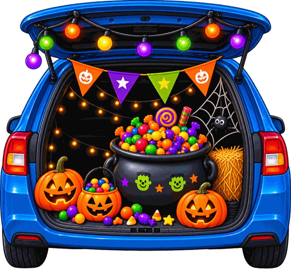 A car trunk decorated with string lights, pennant banners, pumpkins and a cauldron overflowing with candy